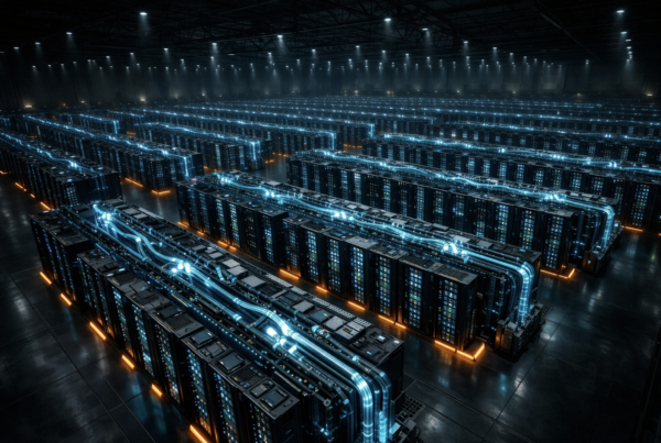 A split image showing a vast AI data center interior on the left and a straining power grid at dusk on the right, illustrating the tension between AI compute demand and energy infrastructure