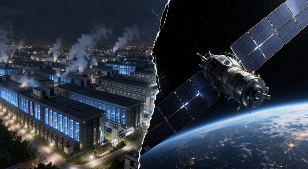 A split image showing a hyperscale data center at night on the left and an orbital satellite above Earth on the right, illustrating the growing geopolitical risk facing cloud infrastructure and the future of datacenter strategy for MSPs.