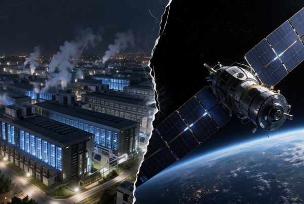 A split image showing a hyperscale data center at night on the left and an orbital satellite above Earth on the right, illustrating the growing geopolitical risk facing cloud infrastructure and the future of datacenter strategy for MSPs.